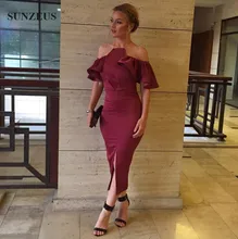 Elegant Tee Länge Weg Von Der Schulter Cocktailkleider Burgundy Gerade Neckholder Kurzarm Party Kleider Mit Einem Schlitz SAU344