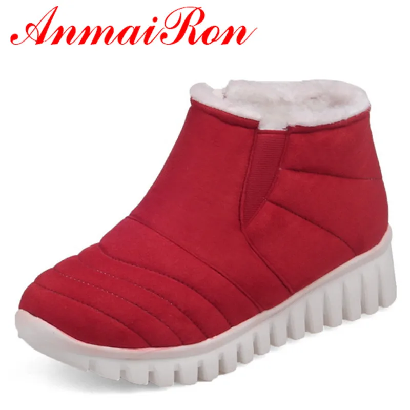 

ANMAIRON Slip-on Winter Warm Snow Boots Shoes Woman Low Heels Wedges Ankle Boots for Women Sexy Red Black Platform Boots Shoes