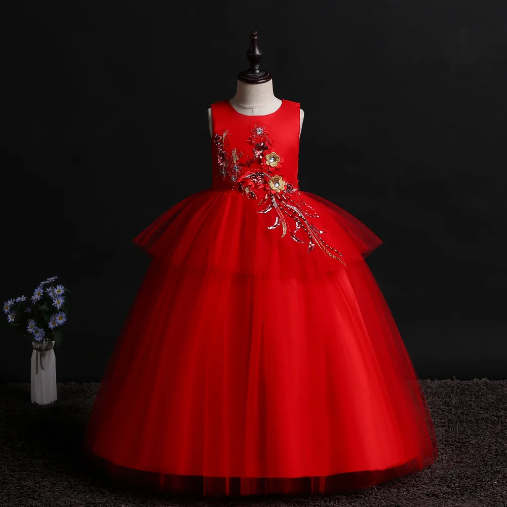 

Fashion Style Formal Girls Dress Kids Embroidery Long Tulle Dress Kids Princess Party Wedding Ball Gown Bebe Vestido