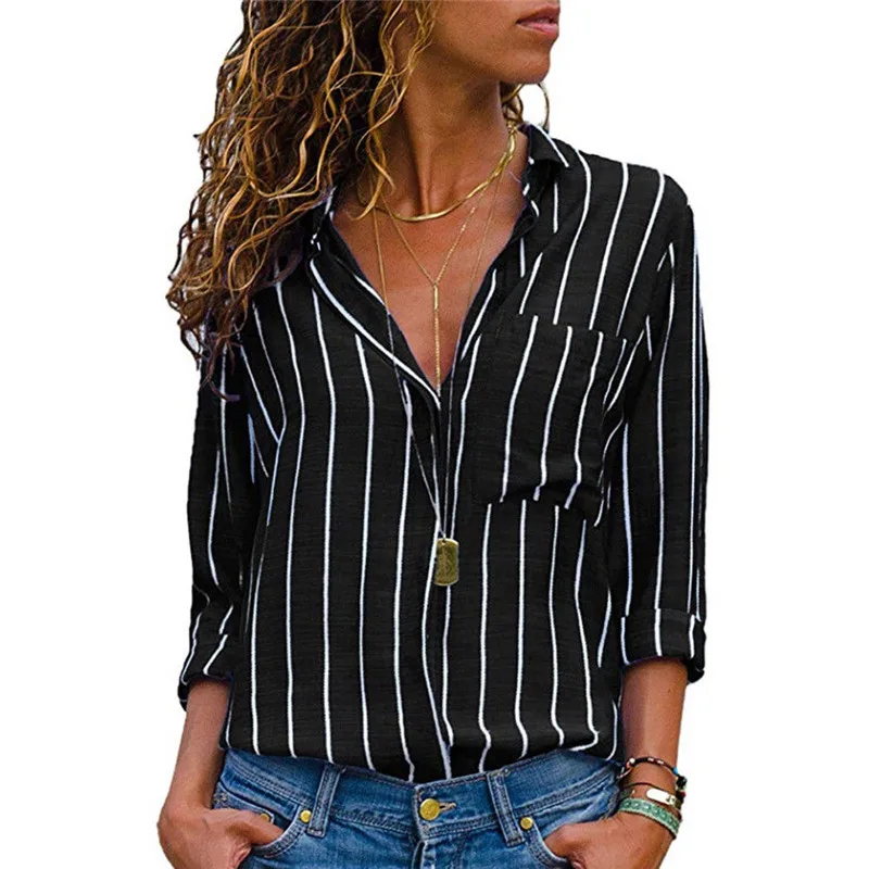 5XL Casual Striped Women Blouse Fashion Long Sleeves Big