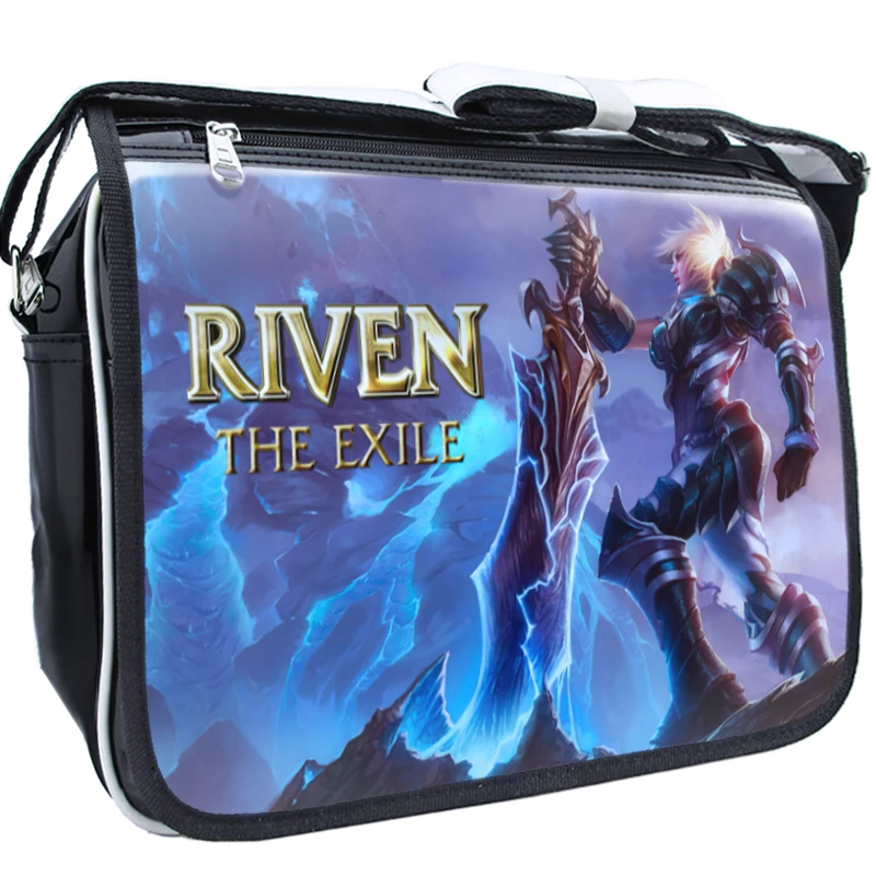 LOL Riven Student Shoulder Bag Cosplay Japanese Anime Adjustable PU PVC Printed Casual Zipper Crossbody Messenger