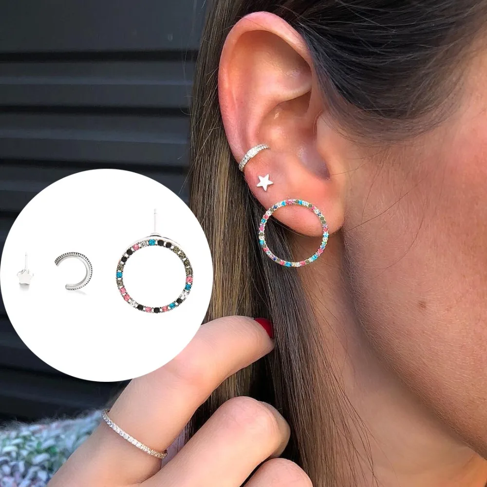 

2019 New 3pcs/set Vintage Silver C Shaped Mini Star Colorful Rhinestone Loop Stud Earrings For Lady Women's Stud Earring Sets