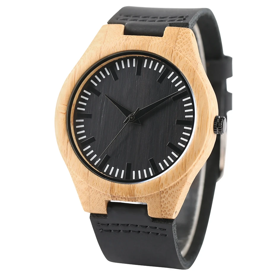 Top Gifts Super Pure Light Bamboo Case Watches Black Dial Analog Wood Watch Mens 100% Natural Casual Leather Quartz Wristwatches 2017 (2)