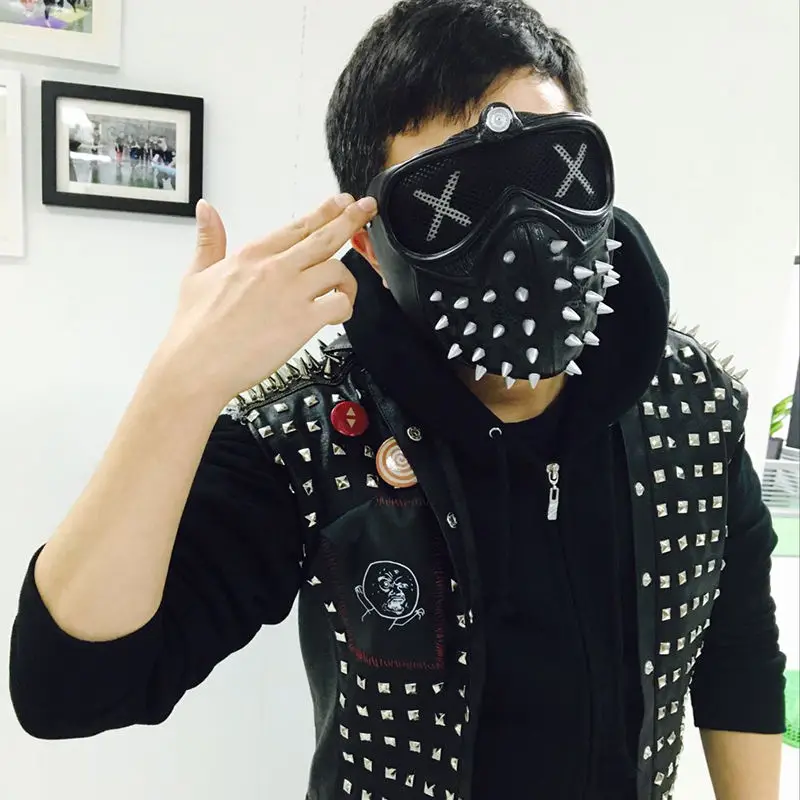 маска ренча из watch dogs 2 Watch Dogs Wrench Cosplay Vest Black Faux Leather Dedsec Rivet Vests Costume&Mask Badges|cosplay