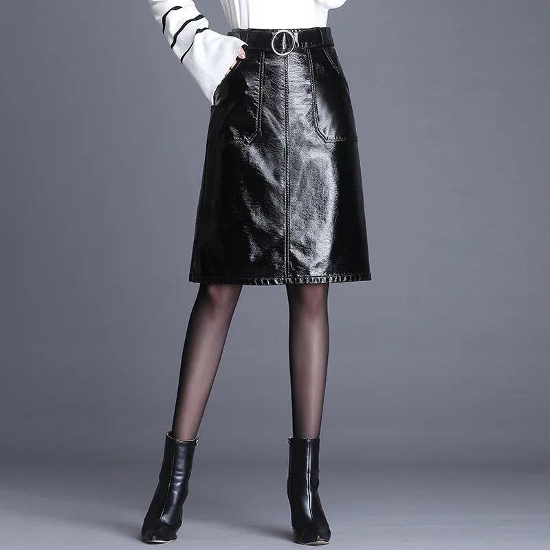 M-4XL черные кожаные юбки женщины 2018 Новый высокой талией Большие размеры на осень-зиму слово Искусственная кожа юбка до колен юбка с поясом