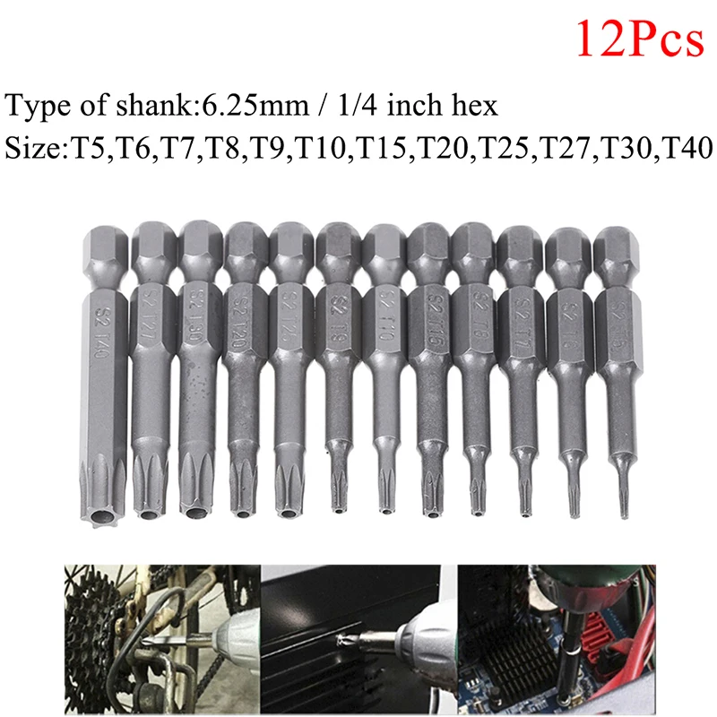 12Pcs Security Bits Torx Screwdriver Tool Set 1/4" Hex Shank T5-40 Tools