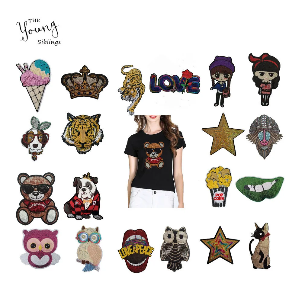 

Cartoon Mixture Iron on badges for Clothing Sequin Bear Owl Tiger Patches Fabric Sew Applique DIY Lips Star Stickers Accessories