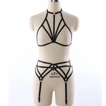 

1 Set Body Harness Top Halter Cage Bra with Garter Belts Bondage Lingerie Adjust Harajuku Fashion Costume