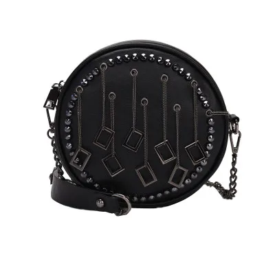 

New Arrival Summer Women's Black Crossbody Bags Round Shape Metal Rivet Chains Shoulder Bag