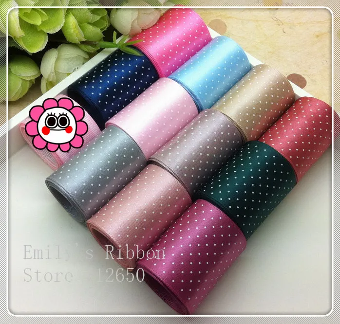 

Free shipping 10 yarsd 38mm width dots printed ribbon single face satin ribbon DIY hairbow accessory gift package multiple color