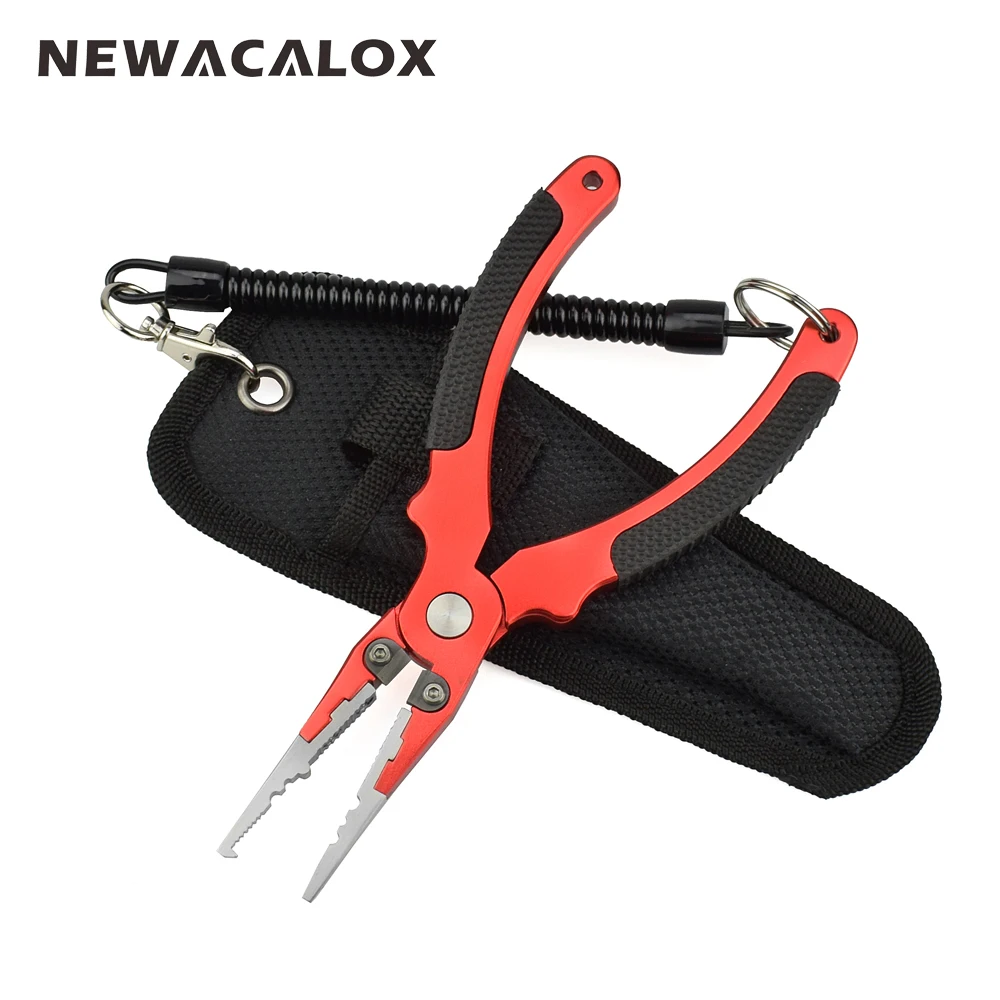

NEWACALOX Multifunctional Fishing Pliers Stainless Steel Tool Split Ring Line Wire Cutters Pliers + Sheath Retractable Tether