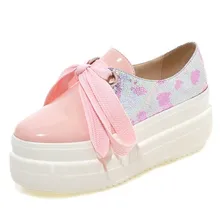 Platform flat Shoes Woman Spring lace up sweet girls students Flats Casual Ladies Loafers Creepers Floral shoes big size33-43