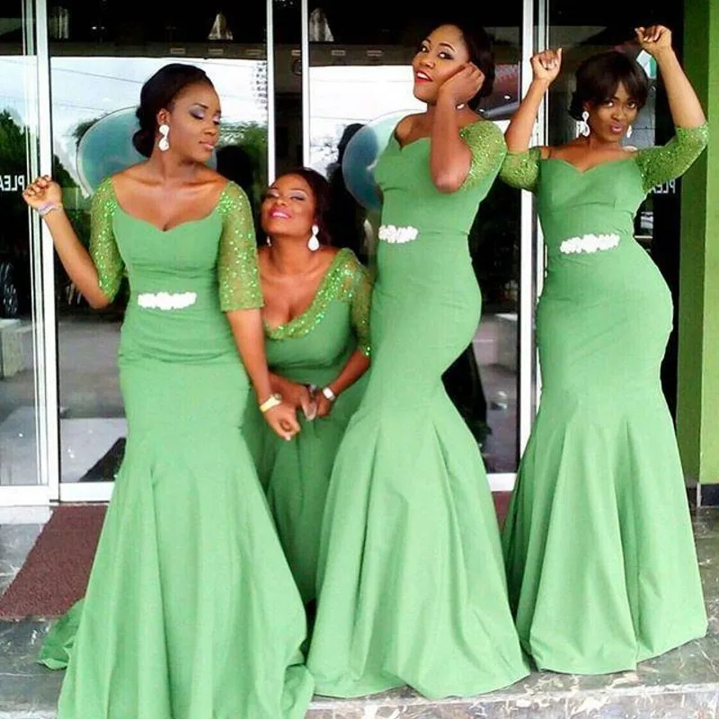 Халат African d'honneur африканские Русалка зеленые платья подружек невесты блестки свадебные, с рукавами до локтя вечерние платья для выпускного вечера