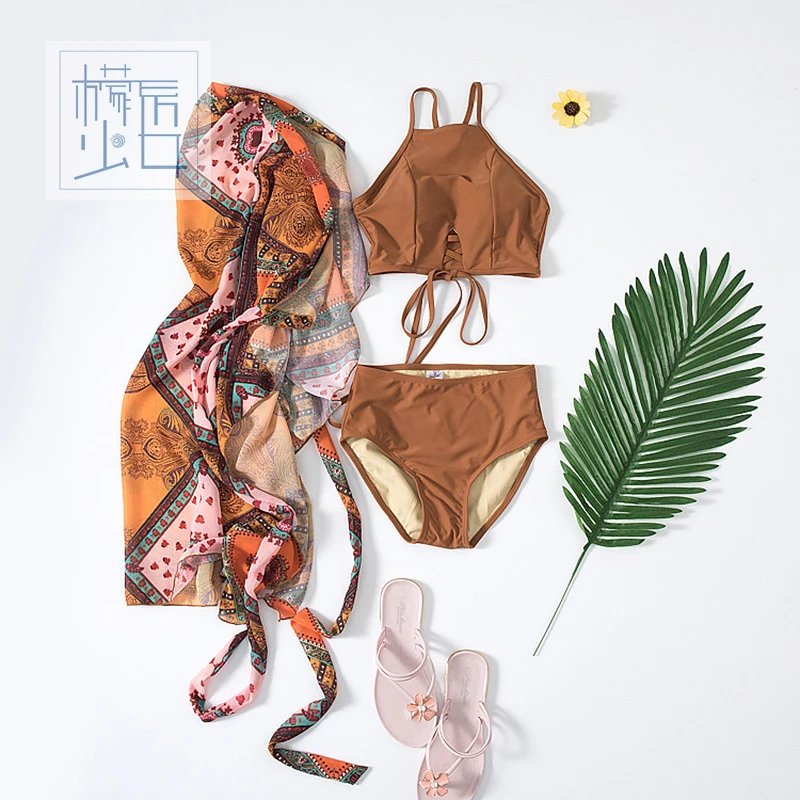 

2018 Promotion Hot Sale Amown Beach Female Three Sets Of Small Fragrant South Korean Conservative Chest Gathered Bikinis