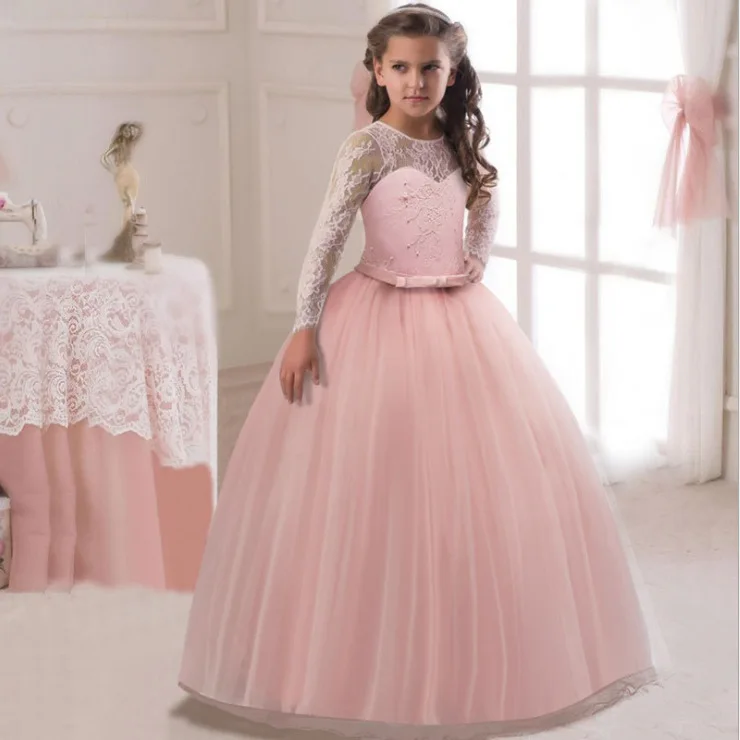 Романтическое кружевное Пышное кружевное платье с цветочным узором для девочек от 4 до 14 лет, год, для свадьбы, бальное платье из тюля вечерние праздничное платье для причастия, Пышное Платье - Цвет: Розовый