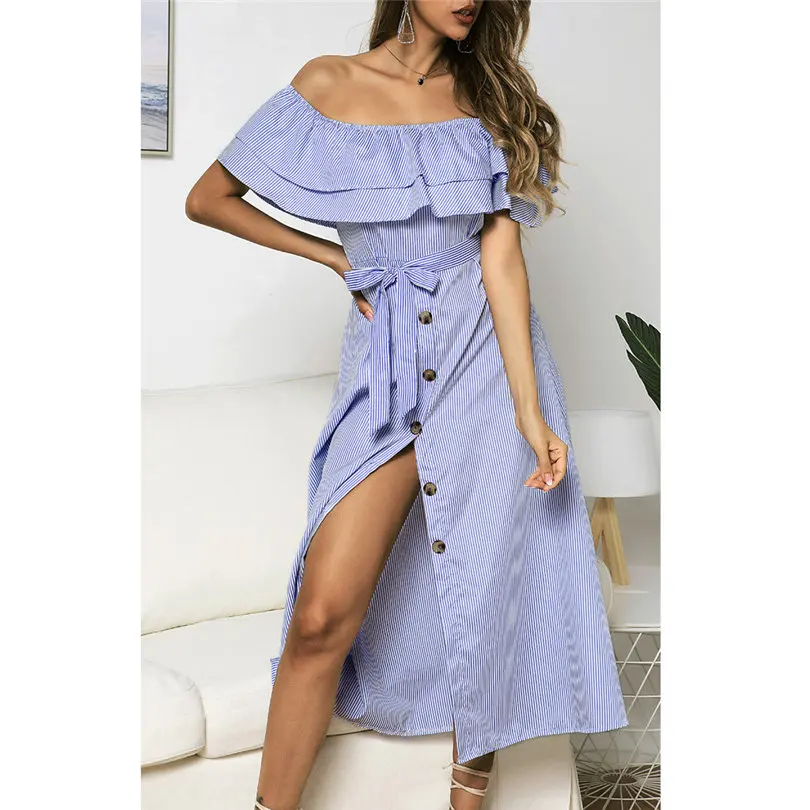Plus Size New Fashion Women Summer Casual Daily Sexy Off Shoulder Button Dress Short Sleeve Slash Neck Striped Dress #4A18 (5)