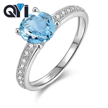 

QYI Luxury Genuine 925 Sterling Silver Natural Gemstone Rings Round Cut 1.25 ct Natural Sky Blue Topaz Engagement Ring for Women
