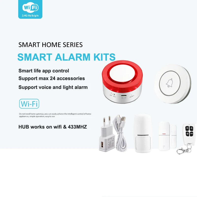 

Tuya smart alarm kits with HUB wifi and wireless433mhz with PIR DOOR SENSOR KEY and DOORBELL push alarm notification quickly