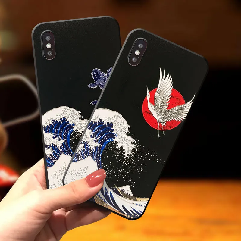 

Art Paintings 3D Relief Matte Case For iPhone XS MAX XR Coque 3D Koi Emboss Matte Soft Back Cover Case For iPhone 7 6s 8 Plus 10