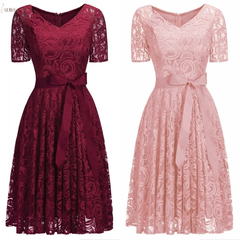 

Burgundy Short Lace Bridesmaid Dress 2021 Scoop Neck Sleeve Wedding Formal Party Gown robe demoiselle d'honneur