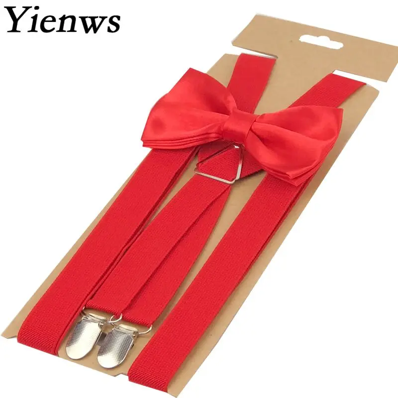 

Yienws Red Bow Tie Suspenders Adulto 4 Clasp Pants Bowtie Brace for Men Women Plain X-Back Suspensorio Wedding Party YiA063
