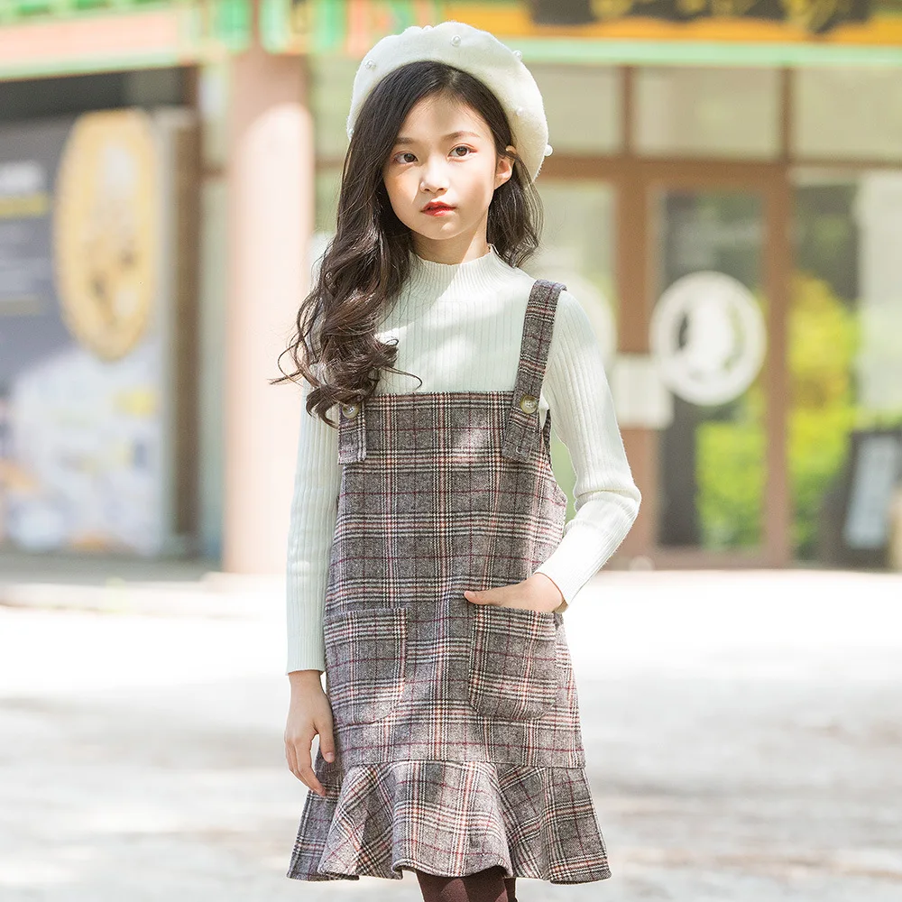 

Kid Jumper Girls Strap Dress Children Autumn Clothes 2018 New Baby Plaid Dress Toddler Princess Dress Teenage Wool Jumper,#3537
