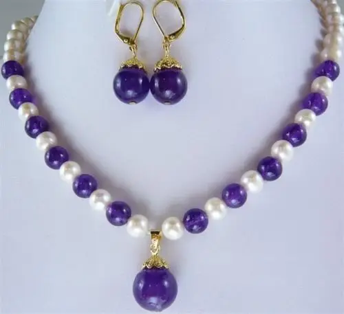 

A0503 hot Free shipping 7-8mm White Cultured Pearl&Amethyst Necklace+ Earring //MN213 set (0430)