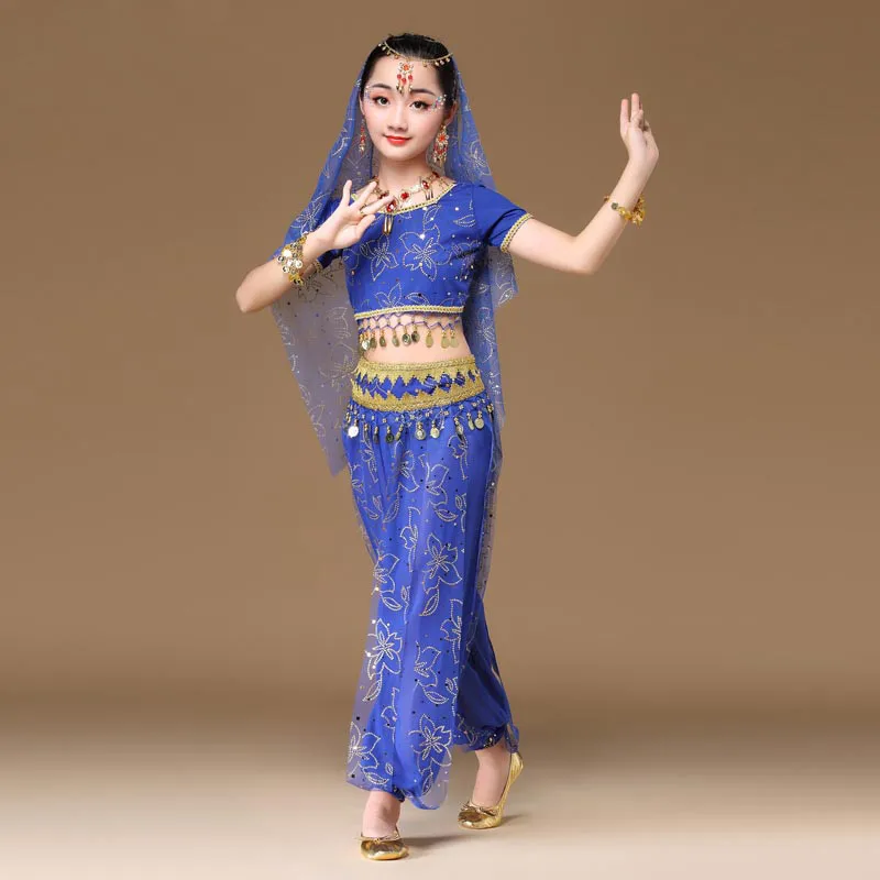 Сари танцевальная одежда дети индийский наряды болливудская одежда детский набор костюма для танца живота 4 шт.(Топ пояс брюки вуаль - Цвет: Royal blue