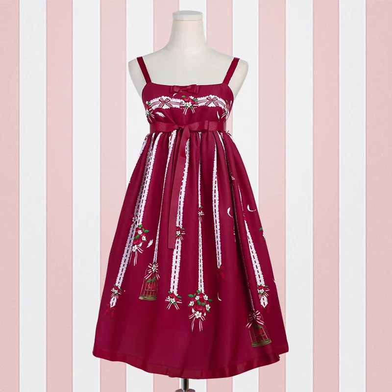 Милое Повседневное платье в стиле Лолиты JSK, милое платье миди с цветочным принтом для женщин - Цвет: Burgundy High Waist