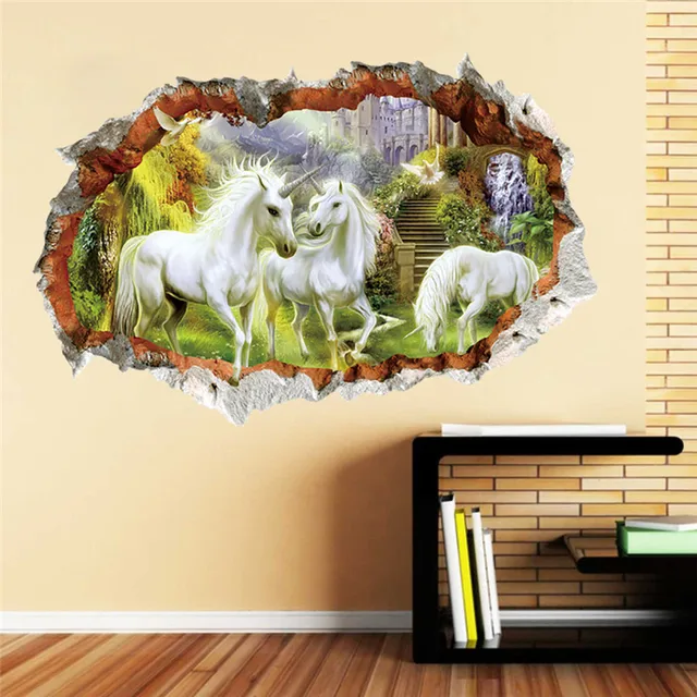 Forest Unicorn Wall Stickers For Kids Rooms Living Room Children Horse Head Decor 3d Effect Wall Decals Diy Mural Art Posters