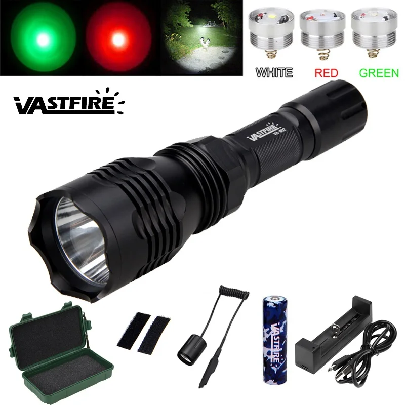 

VASTFIRE 802 Hunting flashlight 3 color (whtie/red/green) Tactical High Performance Predator hunting light For 18650 battery