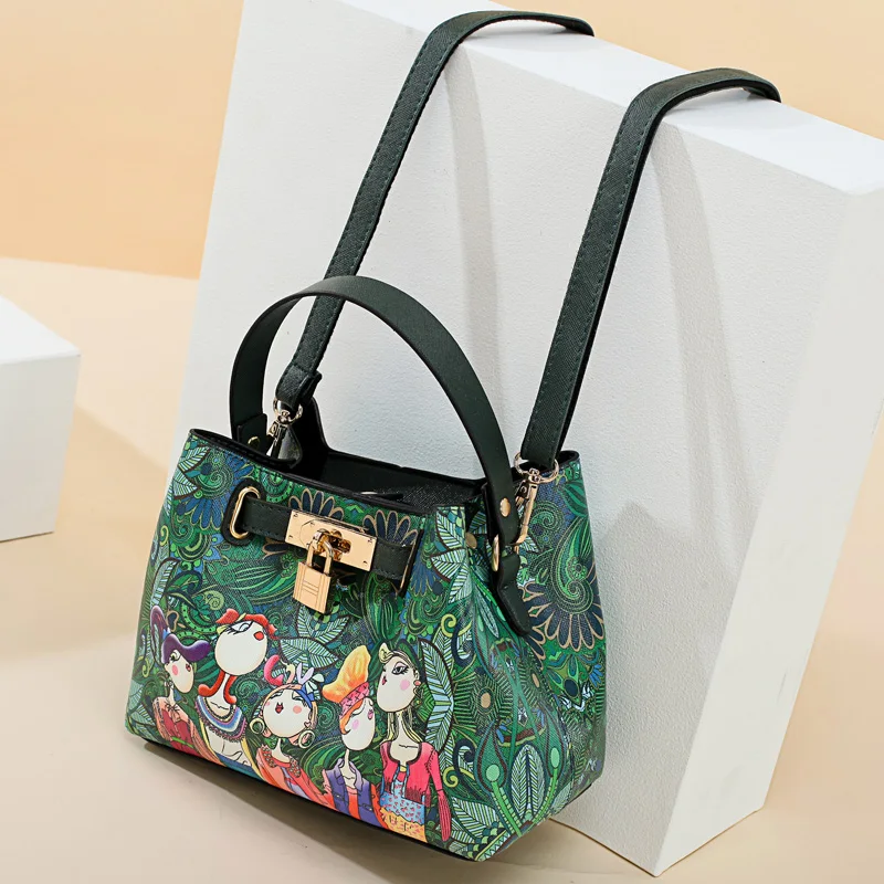 Модная Повседневная Дизайнерская Женская мультяшная сумка с замком, Высококачественная женская сумка через плечо из искусственной кожи, Женская милая сумка с мультяшным принтом