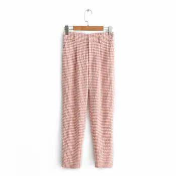 

England Style Women chic plaid print straight pants female zipper business long Trousers streetwear pantalones mujer pants P383