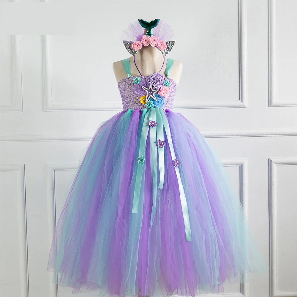 

Flower Girls Princess Mermaid Ocean Themed Mesh Tulle Long Dress Children's Wedding Party Halloween Cosplay Costume + Headband
