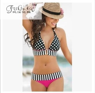 

Retro Brazilian Swimsuit Stripe Dotted Women Vintage Swimwear Bikini Lady \ 's Swimsuit Lace-up Summer Bathing Suit S, M, L, XL