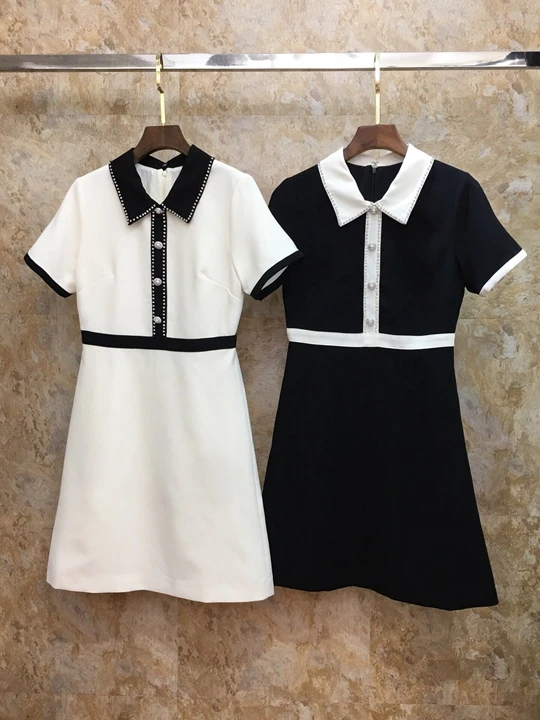 

Summer 2019 New Women's Coloured Turn-collar Heavy-duty Drilled Short Sleeve Dress 603