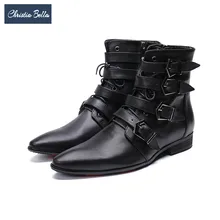 Christia Bella/сезон осень-зима; черные мужские ботинки в байкерском стиле из натуральной кожи; ботинки с острым носком на шнуровке; мужские короткие сапоги в британском стиле