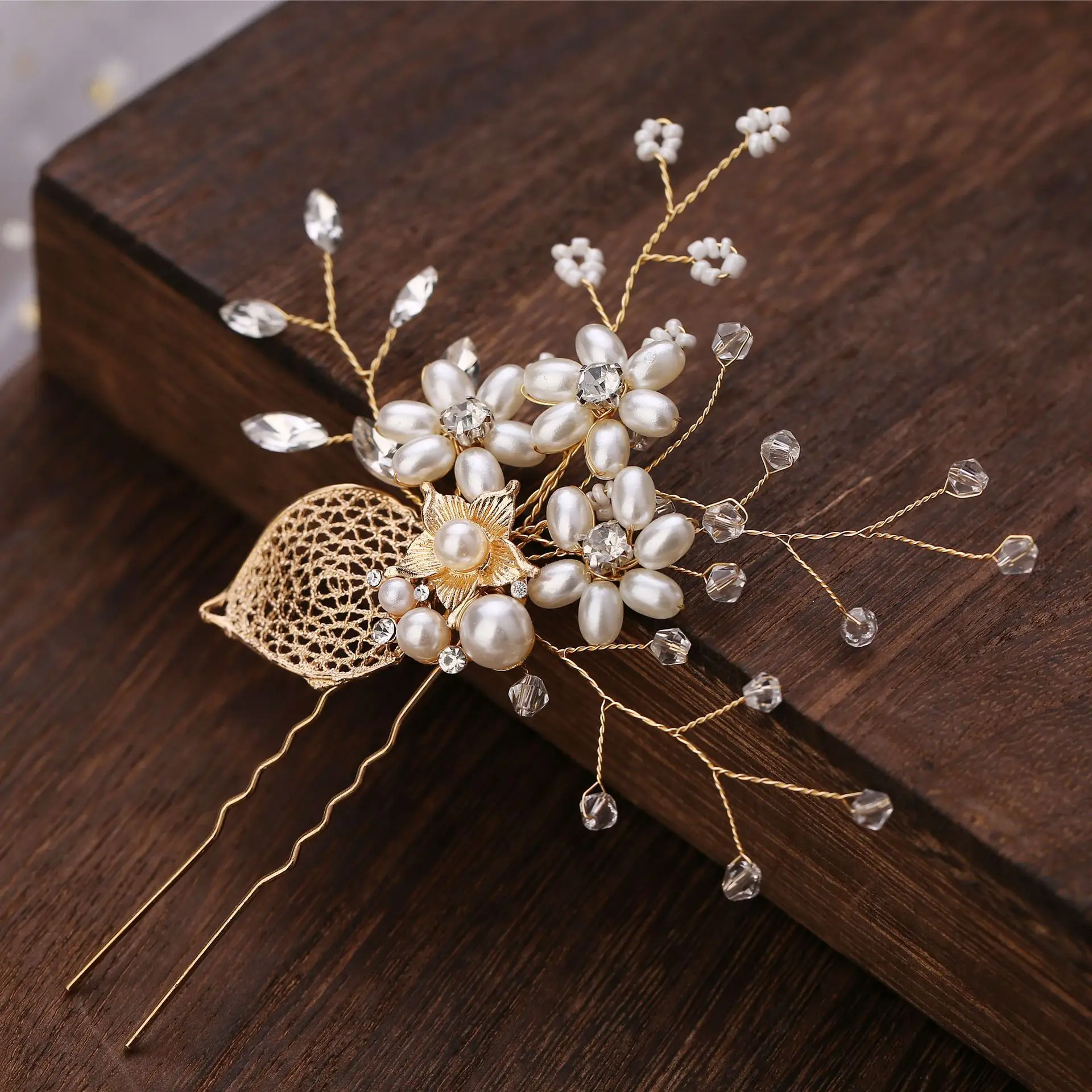 

Fashion New Flower Gold Color Leaves Handmade Wedding Hairpins Bridal Hair Pins Clips Jewelry Accessories Crystal Headpieces