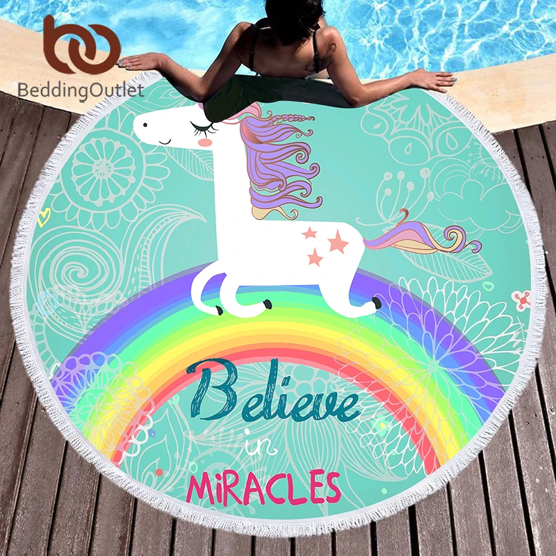 Online BeddingOutlet de microfibra Toalla de playa redonda Arco Iris unicornio borla tapiz niños estera de Yoga de dibujos animados Toalla 150 cm Toalla Manta