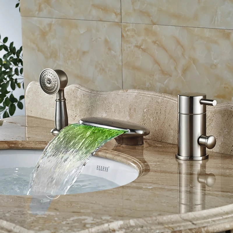 Brushed Nickel Bathroom Faucets and Shower LED Light Waterfall Bath Tub Mixer Taps Deck Mounted