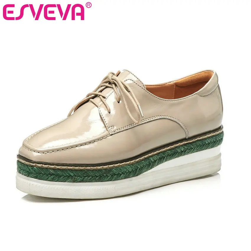 

ESVEVA 2019 Women Shoes Cow Leather +PU Wedges Med Heel Lace Up Round Toe Fashion Black Ladies Shoes Spring/Autumn Size 34-39