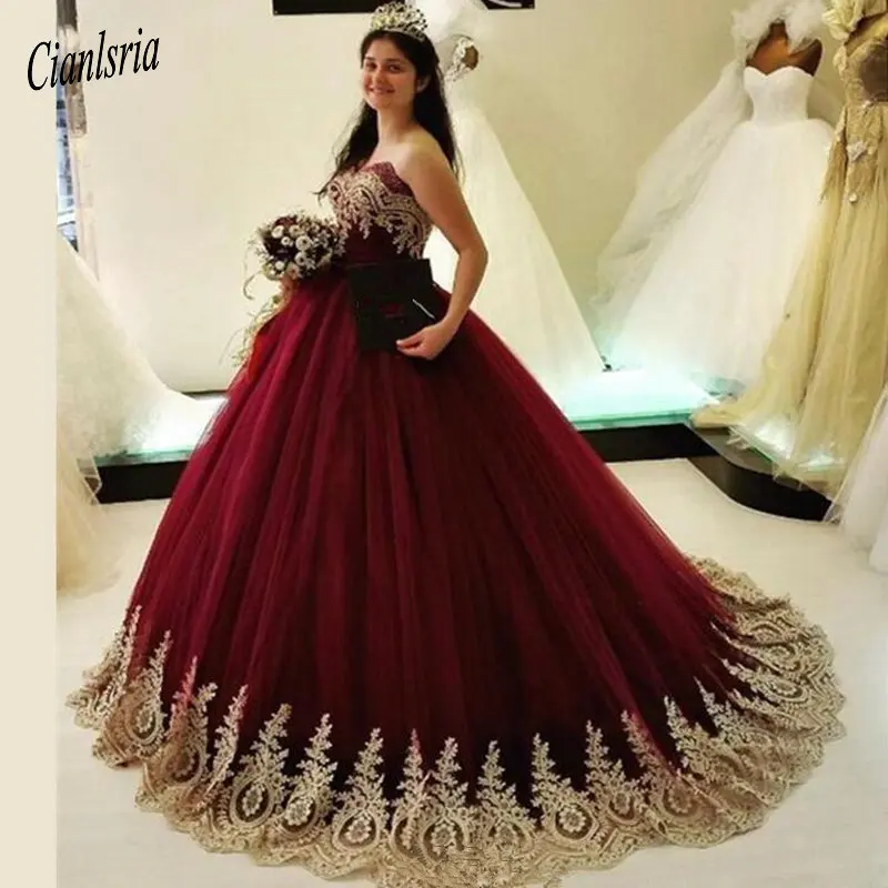 Бордовые платья Quinceanera Тюль с золотыми Аппликации Кружева Сладкие 16 Платья Бальные платья Vestidos De 15 Anos миди