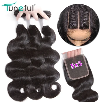 

5x5 Lace Closure With Bundles Brazilian Body Wave Human Hair 3 Bundles With Closure Tuneful 100% Remy Hair Weave Extensions