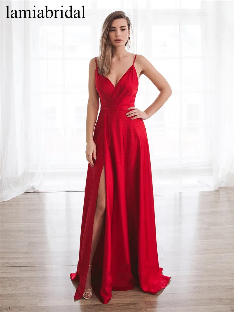 

Sexy Red Cheap Long Prom Dresses 2019 A Line High Split Simple Satin Girls Formal Evening Party Gowns Vestido De Festa Longo