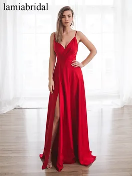 

Sexy Red Cheap Long Prom Dresses 2019 A Line High Split Simple Satin Girls Formal Evening Party Gowns Vestido De Festa Longo