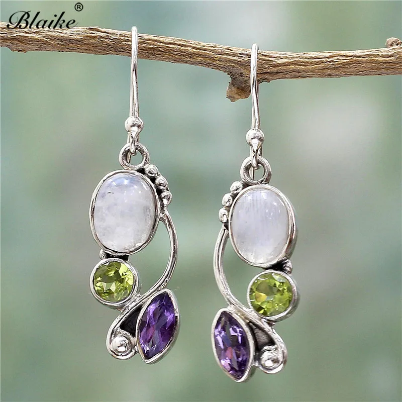 

Blaike Bohemia Style Multicolor Zircon Moonstone Drop Earrings For Women Statement Silver Plate Dangle Jewelry Valentine Gifts