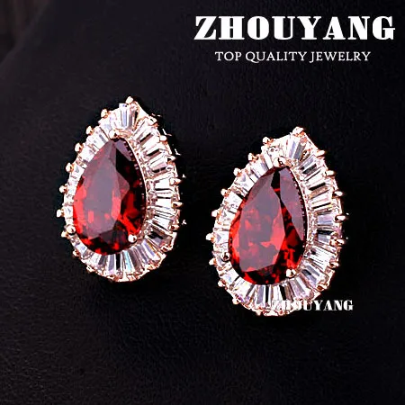 ZHOUYANG ZYE622 Luxurious RED Crystals Stud Earring Rose Gold Color Jewelry Made with Genuine Austrian Crystal Wholesale