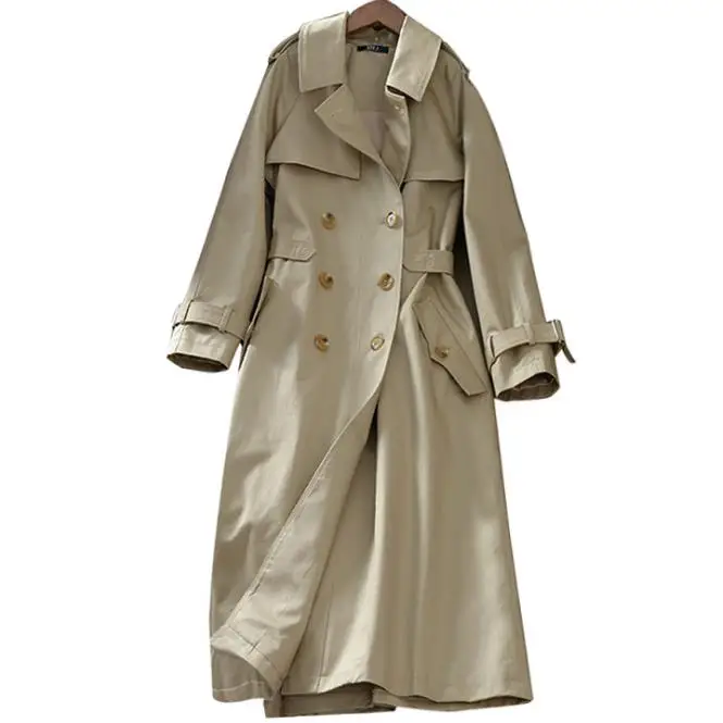 

2019 Spring Fashion Double Breasted Mid-long Trench Coat Women Khaki Slim Belt Windbreaker plus size 2XL
