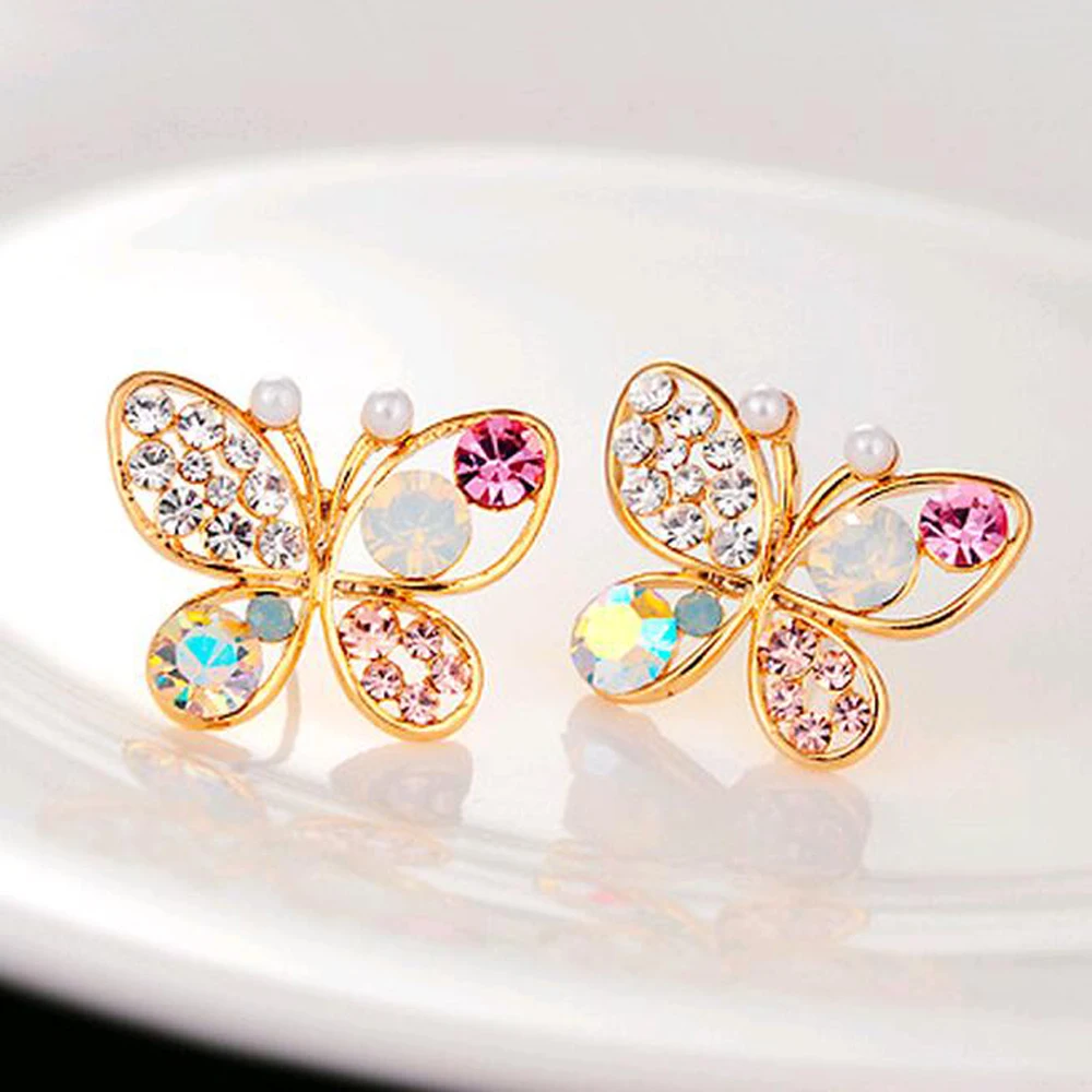 

FAMSHIN 2018 New luxury hollow brilliant Colorful crystal imitation pearl Gifts butterfly stud earrings