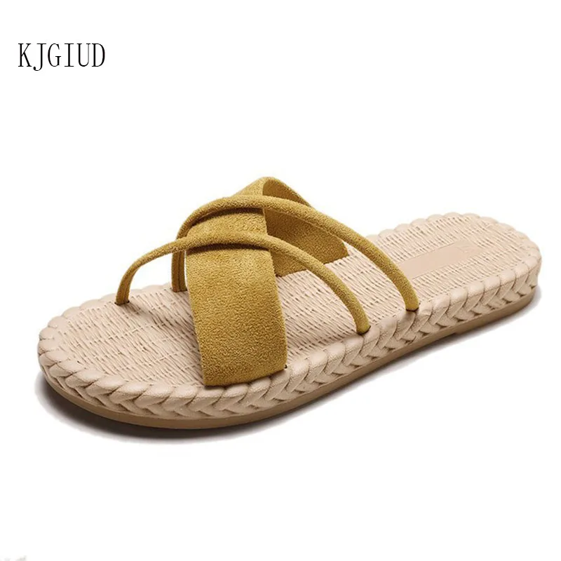 

Wearing A Slipper Female 2019 Summer New Fashion Female Slippers Cross A Word Straw Bottom Non-slip Female Sandals Tong Femme